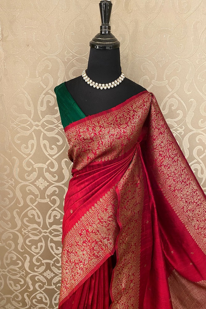 Red Pure Raw Tussar Banarasi Silk Saree, Hand Woven Motifs With Unstiched Blouse