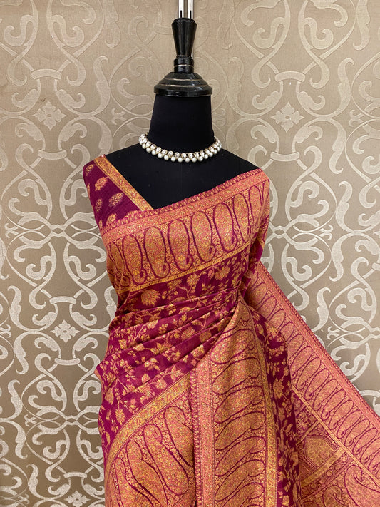 Wine Pure Kani Handloom Silk Saree With Unstiched Jamewar Woven Blouse