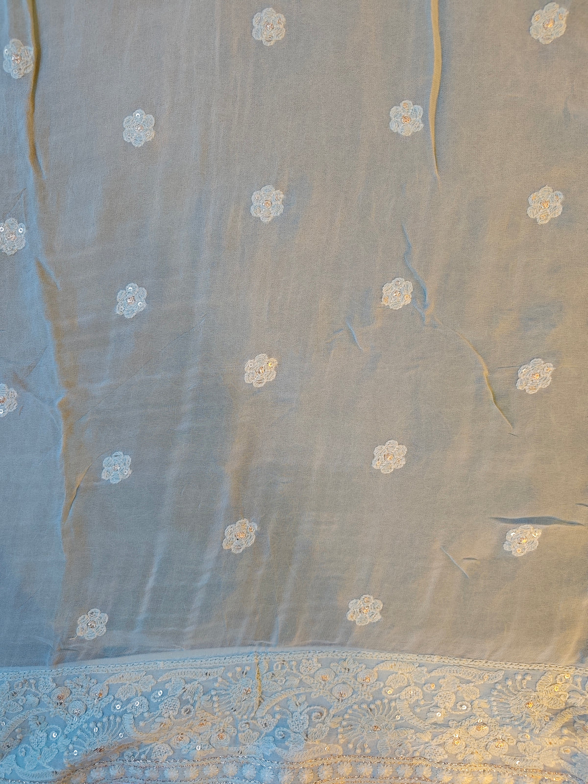Sky Georgette Chikankari Embroidery Saree, With Unstitched Blouse