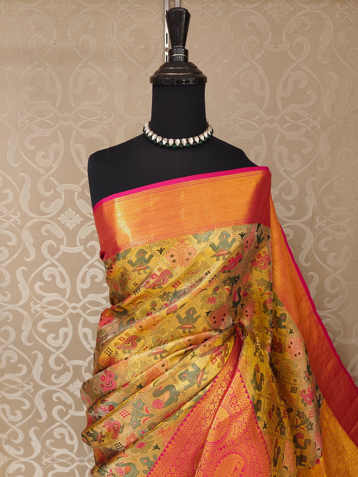 Golden Pure Kanjeevaram Silk Saree, With Unstiched Blouse