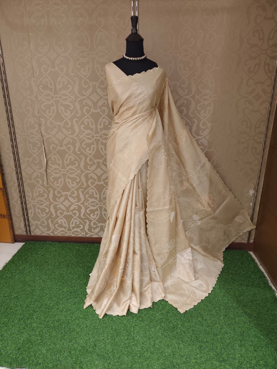 Beige Tussar Applique Work Saree, With Unstiched Blouse