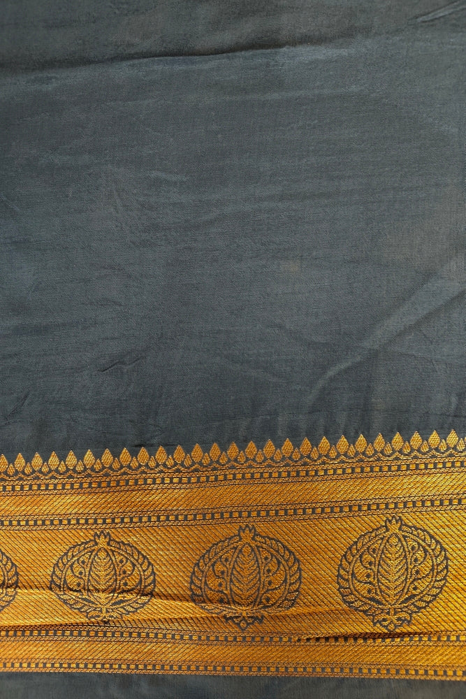 Navy Blue Semi Brocade Silk Saree, With Unstiched Blouse