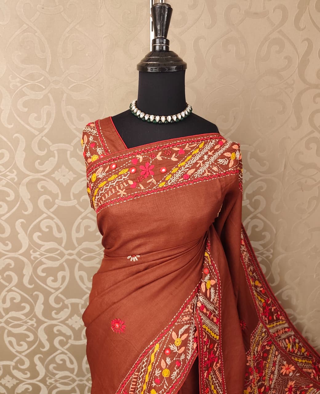 Rust Brown Tussar Embroidery Saree With Lambani Work Border, With Unstitched Blouse