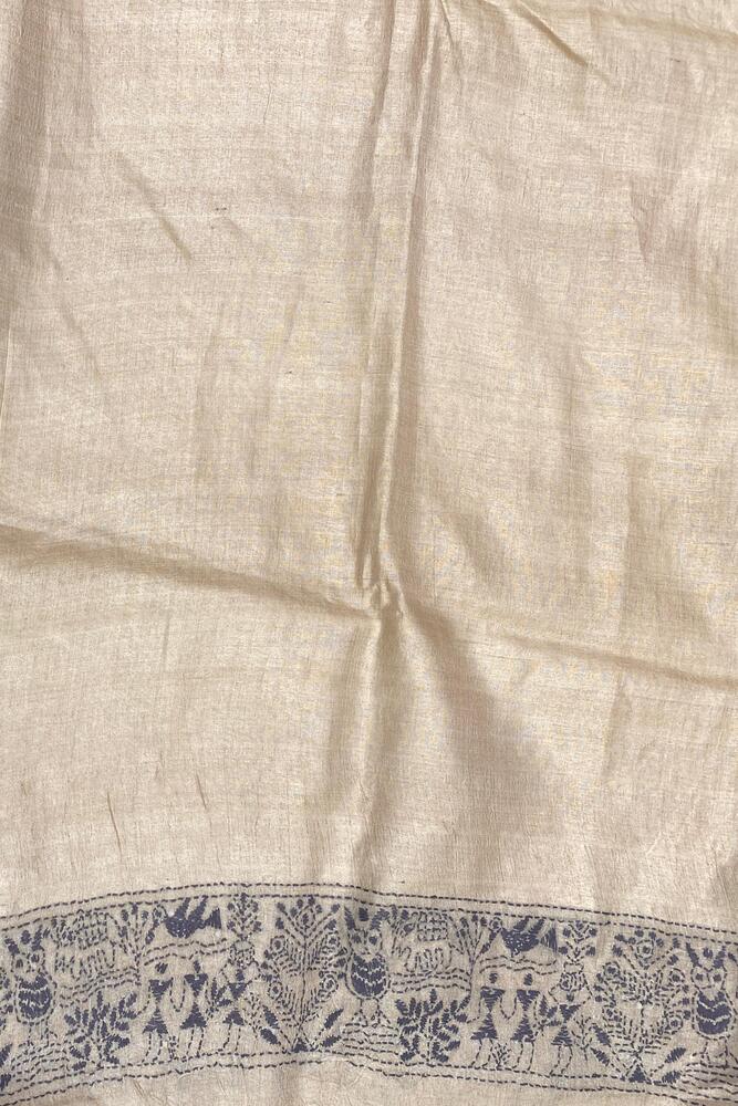 Off-White Tussar Embroidery Saree With Kantha Work Border, With Unstitched Blouse
