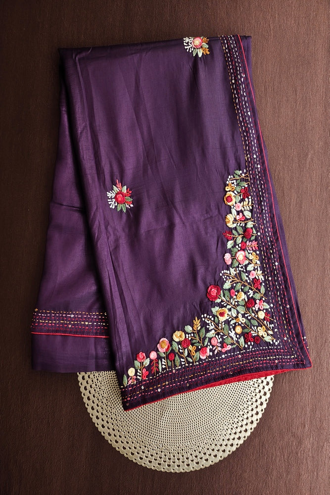 Deep Purple Semi Munga Silk French Knot Hand Embroidery Work Saree, With Unstiched Blouse