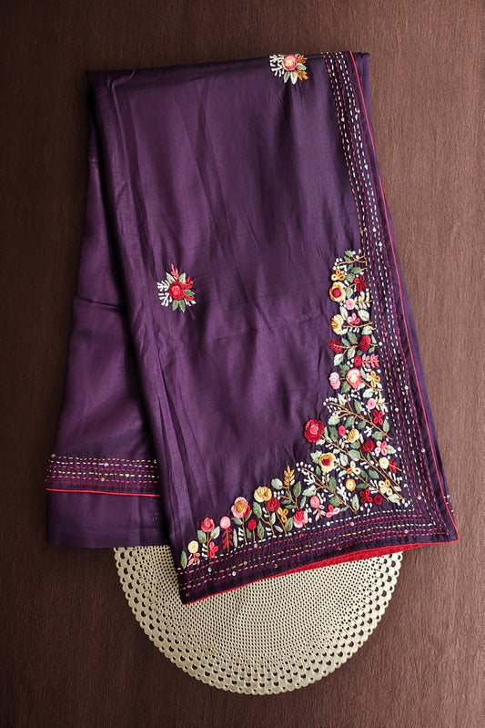 Deep Purple Semi Munga Silk French Knot Hand Embroidery Work Saree, With Unstiched Blouse