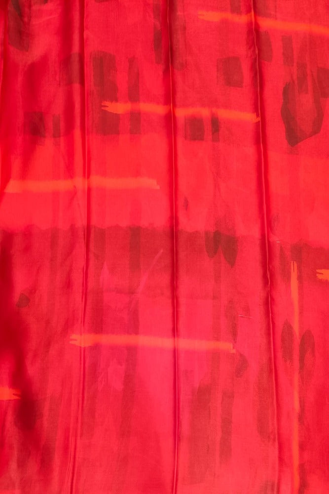 Red & Multi Floral Printed Satin Crepe Saree, With Unstiched Blouse