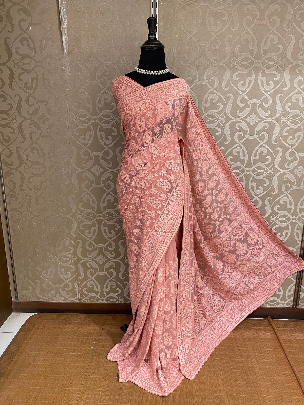 Pink Georgette Chikankari Embroidery Saree, With Unstitched Blouse
