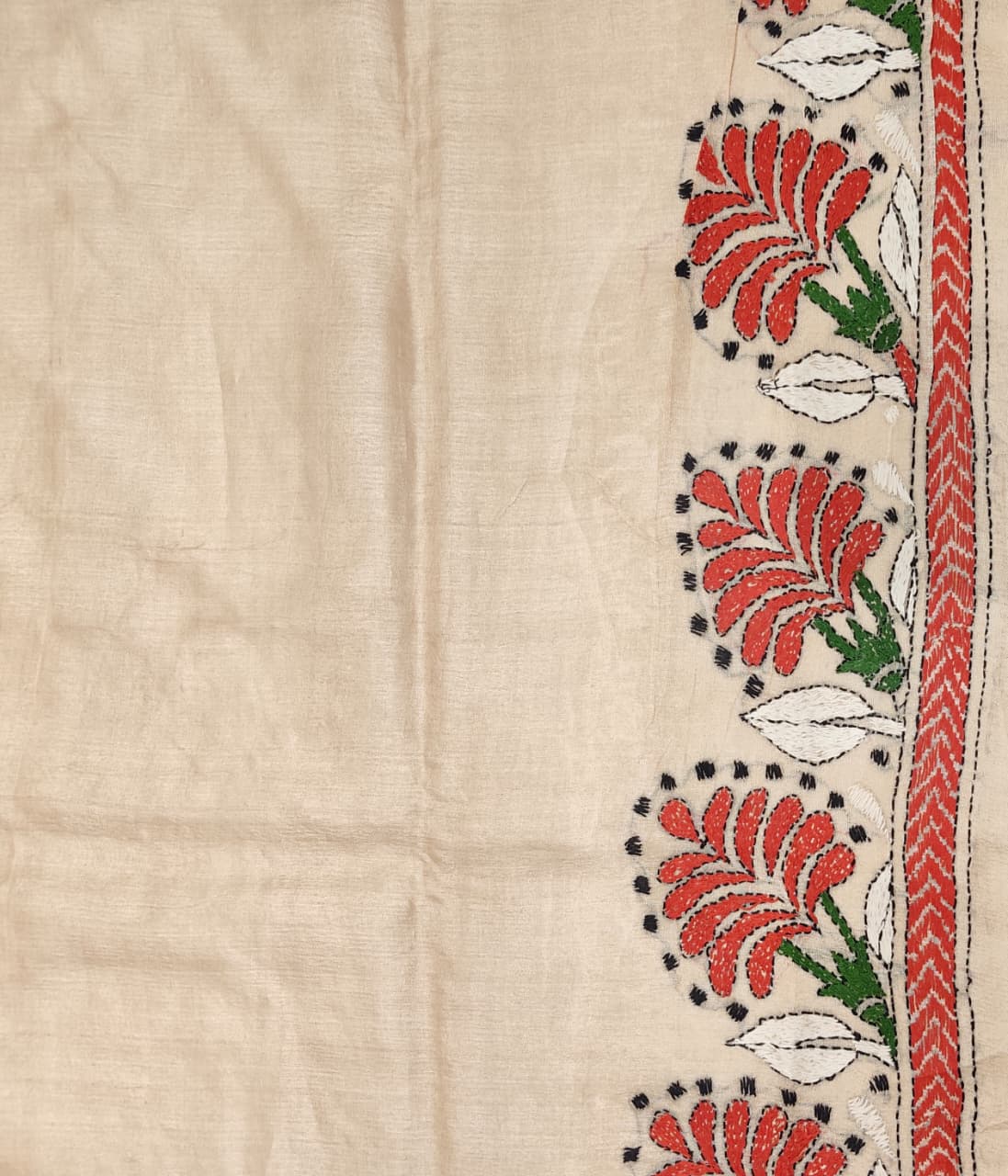 Beige Tussar Embroidery Saree With Kantha Work Border, With Unstitched Blouse