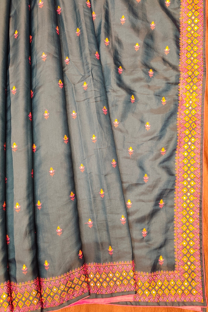 Deep Blue Semi Munga Silk Cross Stitch Work Saree, With Unstiched Blouse