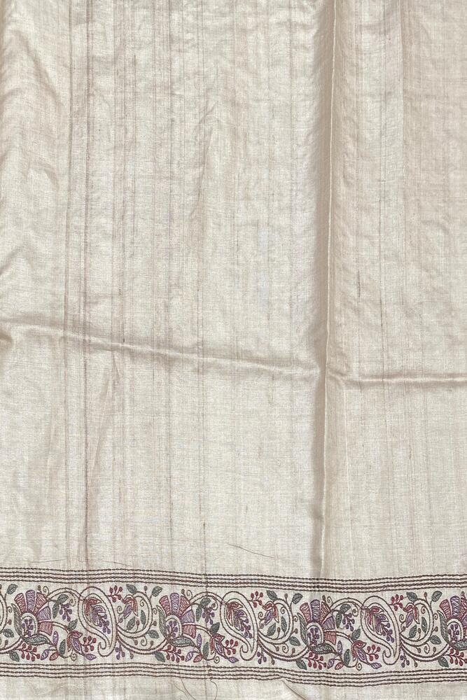 Beige Tussar Resham Embroidery Saree, With Unstiched Blouse