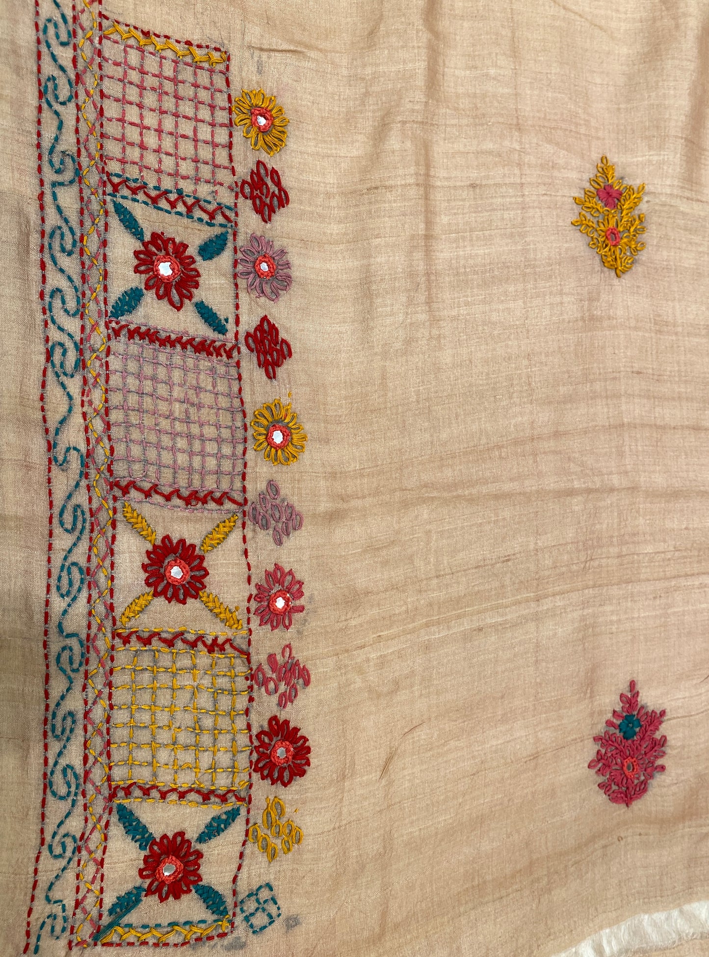Off-White Tussar Embroidery Saree With Lambani Work Border, With Unstitched Blouse