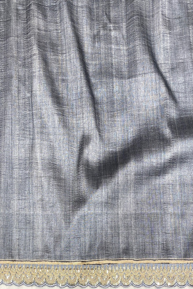 Grey Tussar Silk Printed Saree With Embroidery Border, With Unstiched Blouse