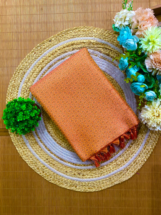 Peach Semi Katan Brocade Silk Saree, With Unstiched Blouse