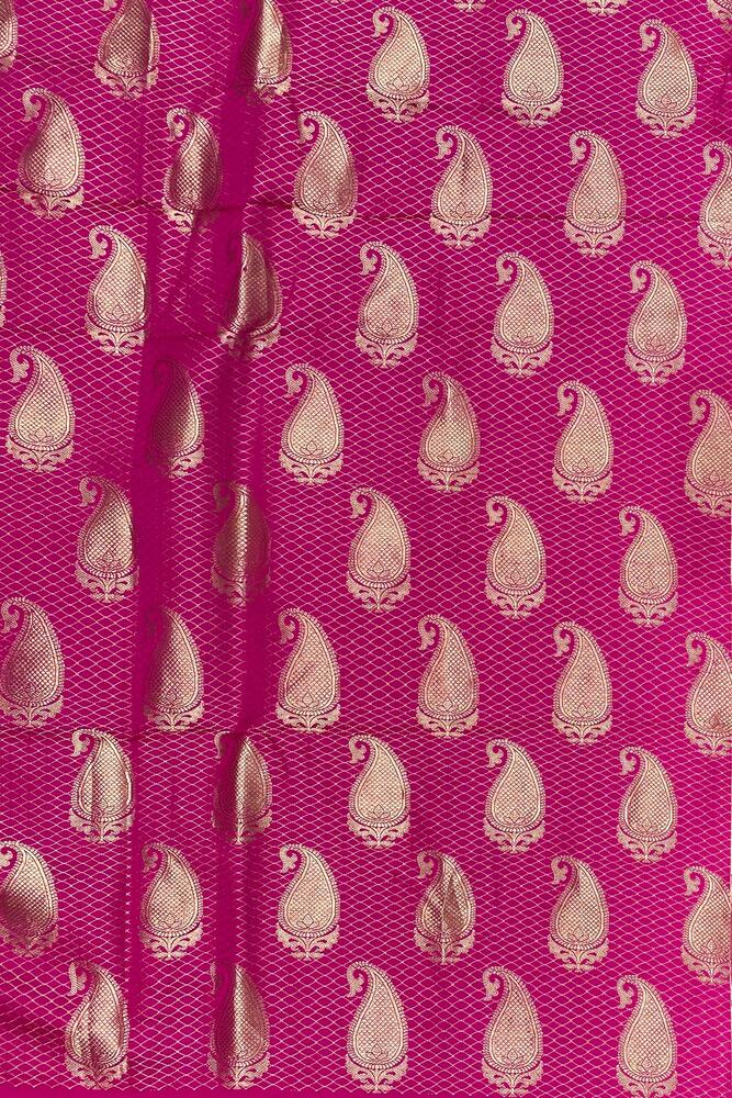Pink Katan Mashru Silk Banarasi saree with intricate gold zari work and traditional handloom craftsmanship, paired with an unstiched blouse.