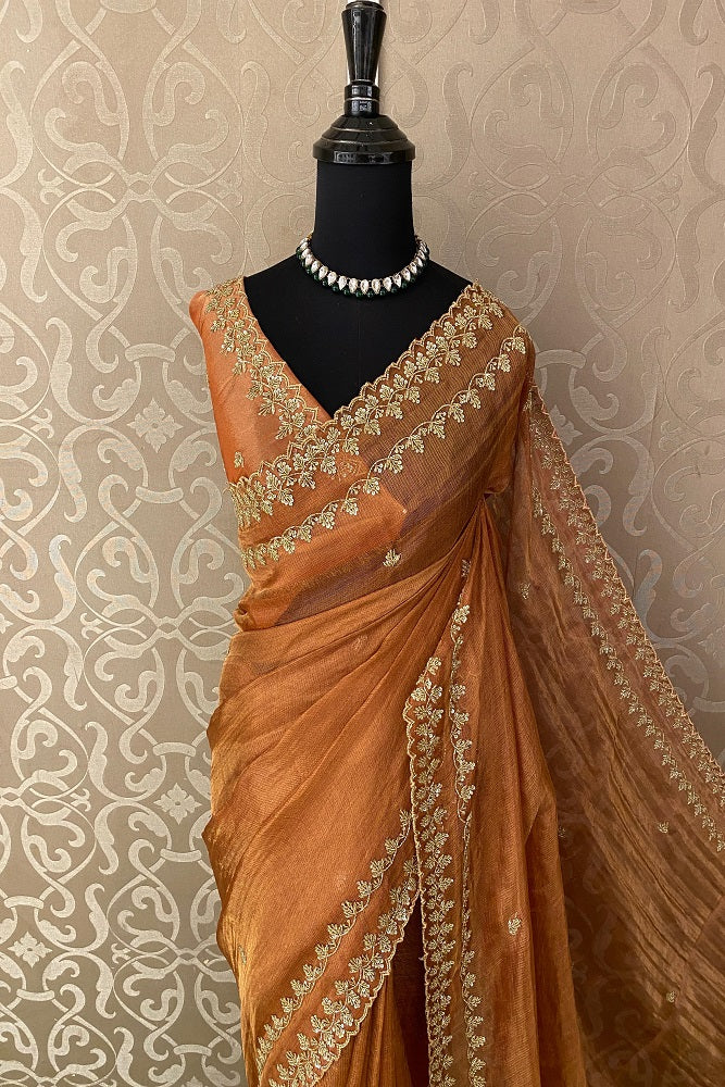 Orange Tissue Embroidery Saree, With Unstiched Blouse