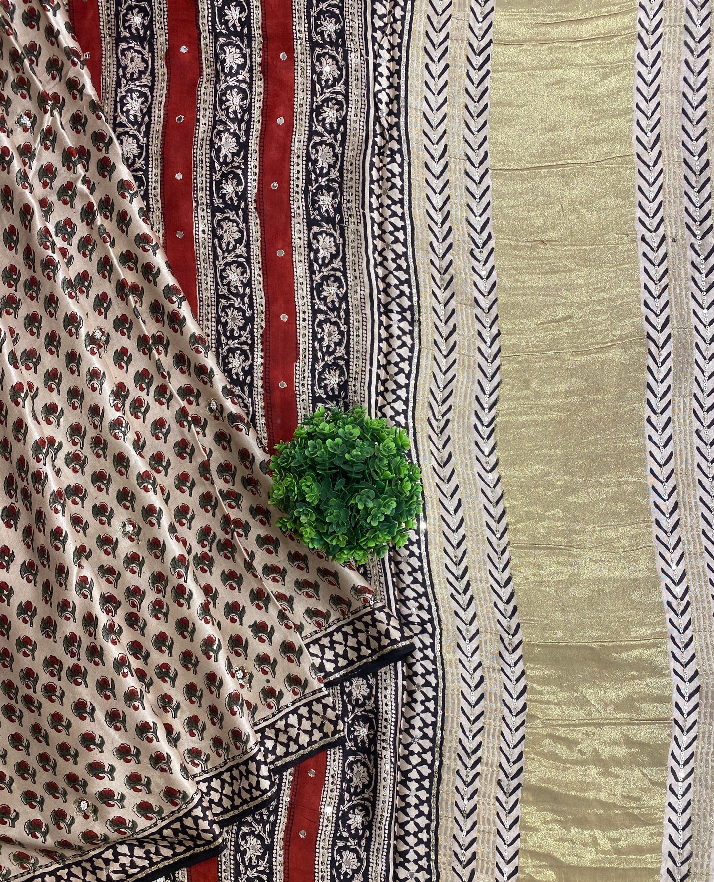 Off-White Pure Modal Silk Ajrakh Printed Saree With Unstiched Blouse