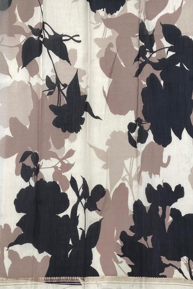 Off-White & Black Floral Printed Organza Saree, With Unstiched Blouse