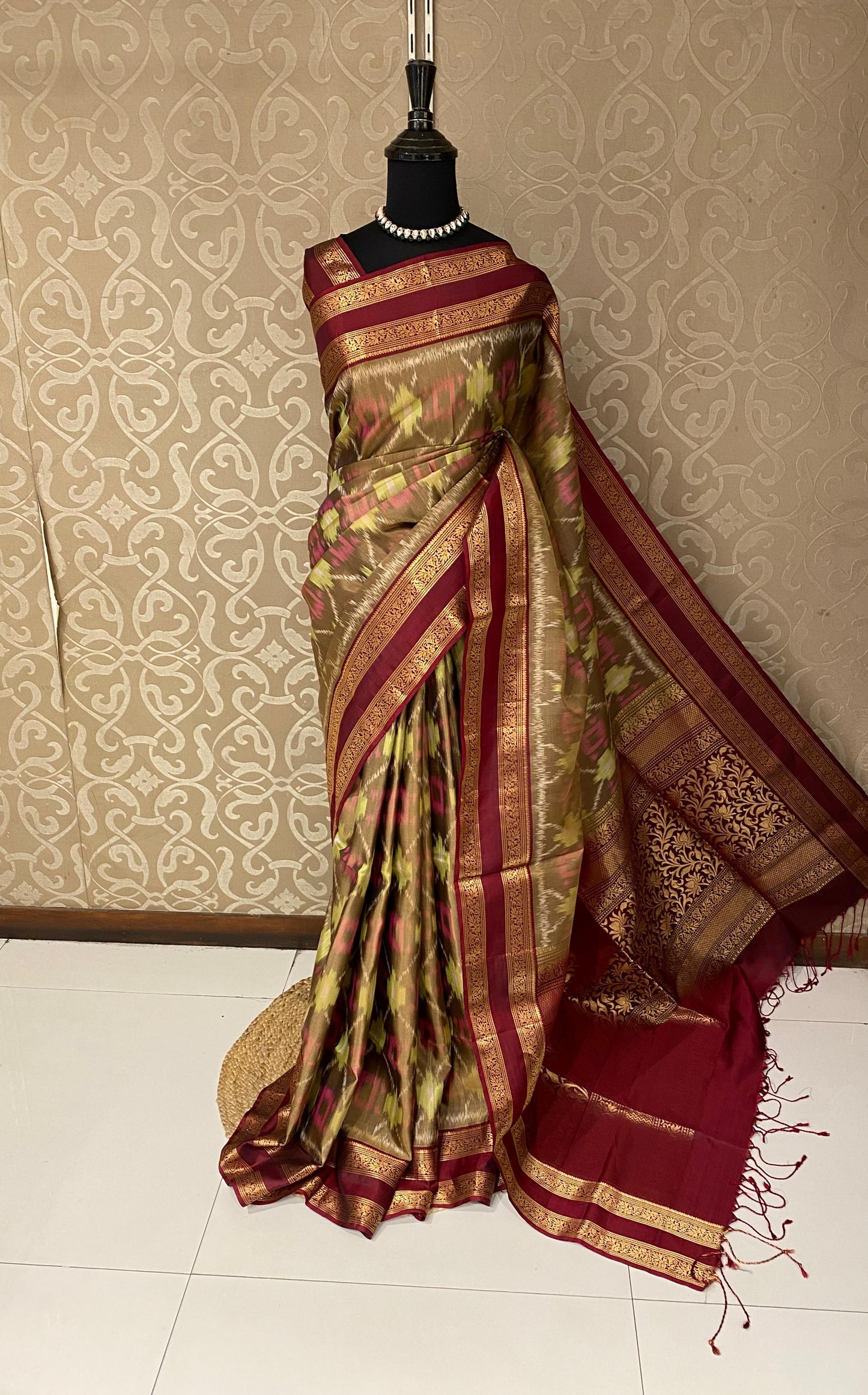 Dark Yellowish-Brown Coimbatore Silk Saree, With Unstiched Blouse