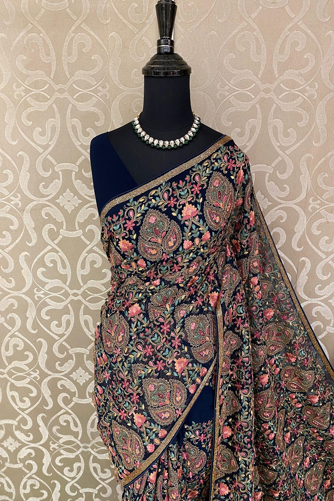 Navy Blue Georgette Saree With Kashmiri Work, With Unstiched Blouse