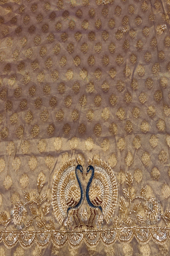 Deep Beige Tissue Kanjeevaram Silk Sarees With Embroidery Work, With Unstiched Blouse
