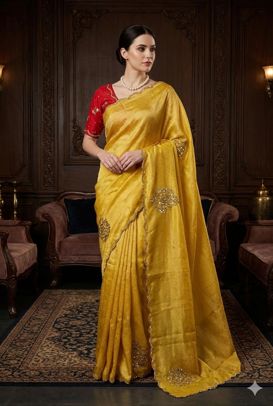 Yellow Tissue Silk Embroidery Saree, With Unstiched Blouse