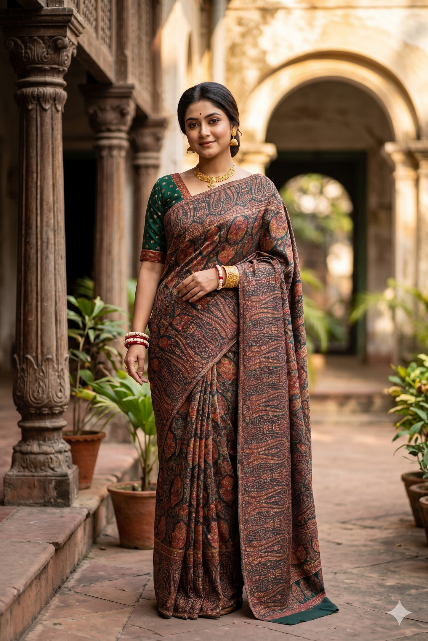 Deep Green Pure Kani Handloom Silk Saree With Floral Woven Blouse