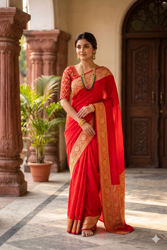 Cherry red Mysore crepe silk Banarasi saree with intricate gold zari work and matching unstiched blouse for traditional wear.