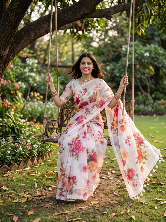 Off-White Organza Saree With Perl Work, With Unstitched Blouse