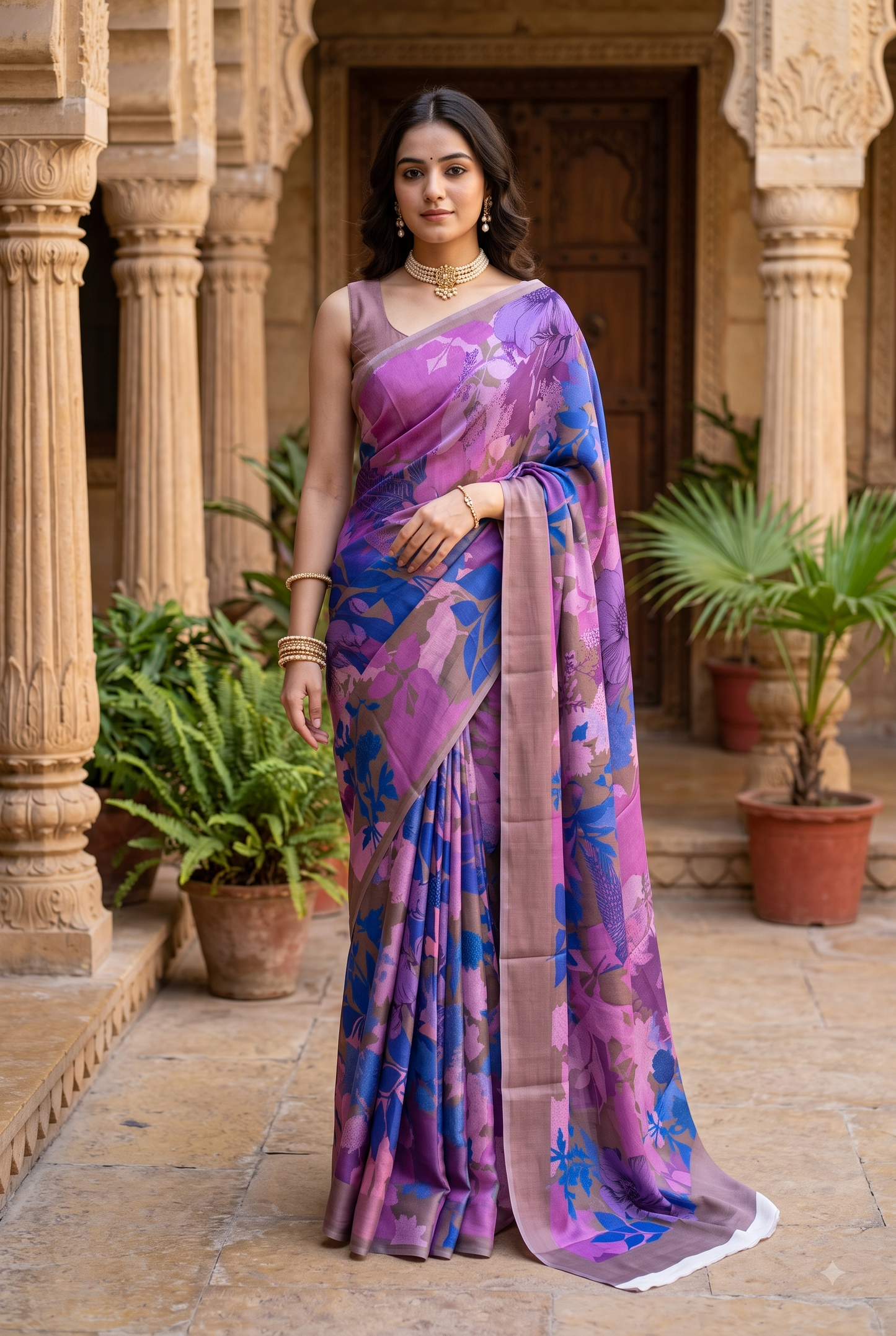 Purple & Multi Floral Printed Satin Crepe Saree, With Unstiched Blouse