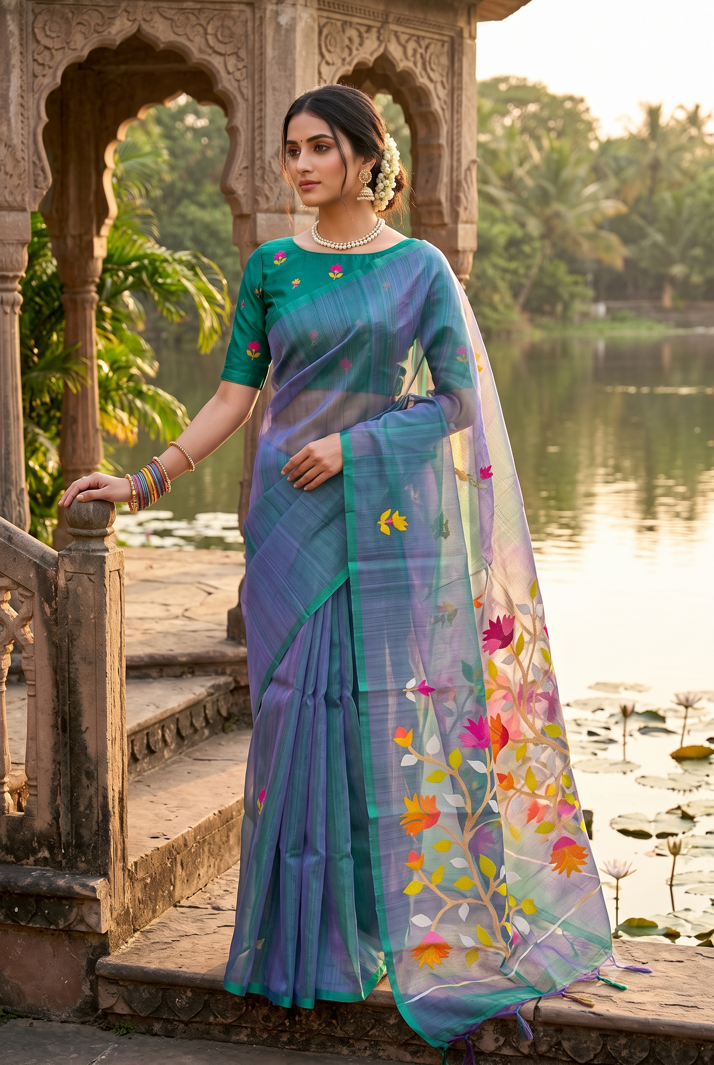 Purple & Green Gradient Muslin Dhakai Saree, Without Blouse
