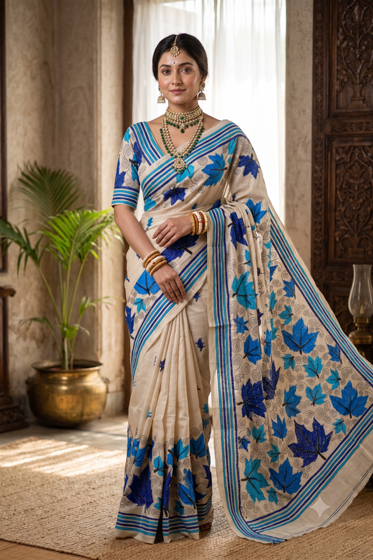 Off-White Tussar Embroidery Saree With Kantha Work Border, With Unstitched Blouse