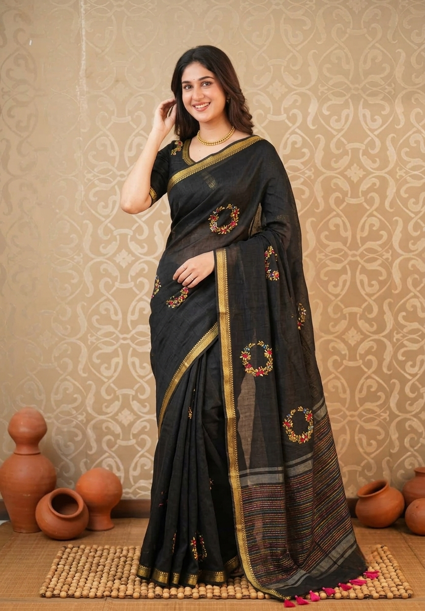 Black Linen Silk Saree Hand Embroidered Work, With Unstiched Blouse