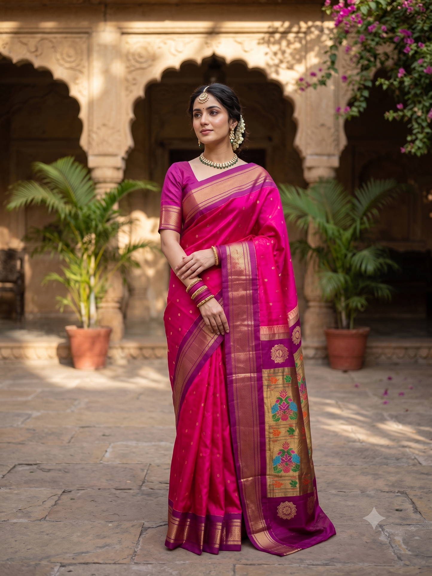 Rani & Red Paithani Silk Saree, Multi Colour Weaving, With Unstiched Blouse