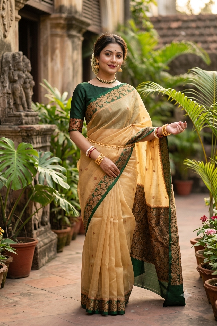 Beige Kora Banarasi Silk Saree, With Unstiched Blouse