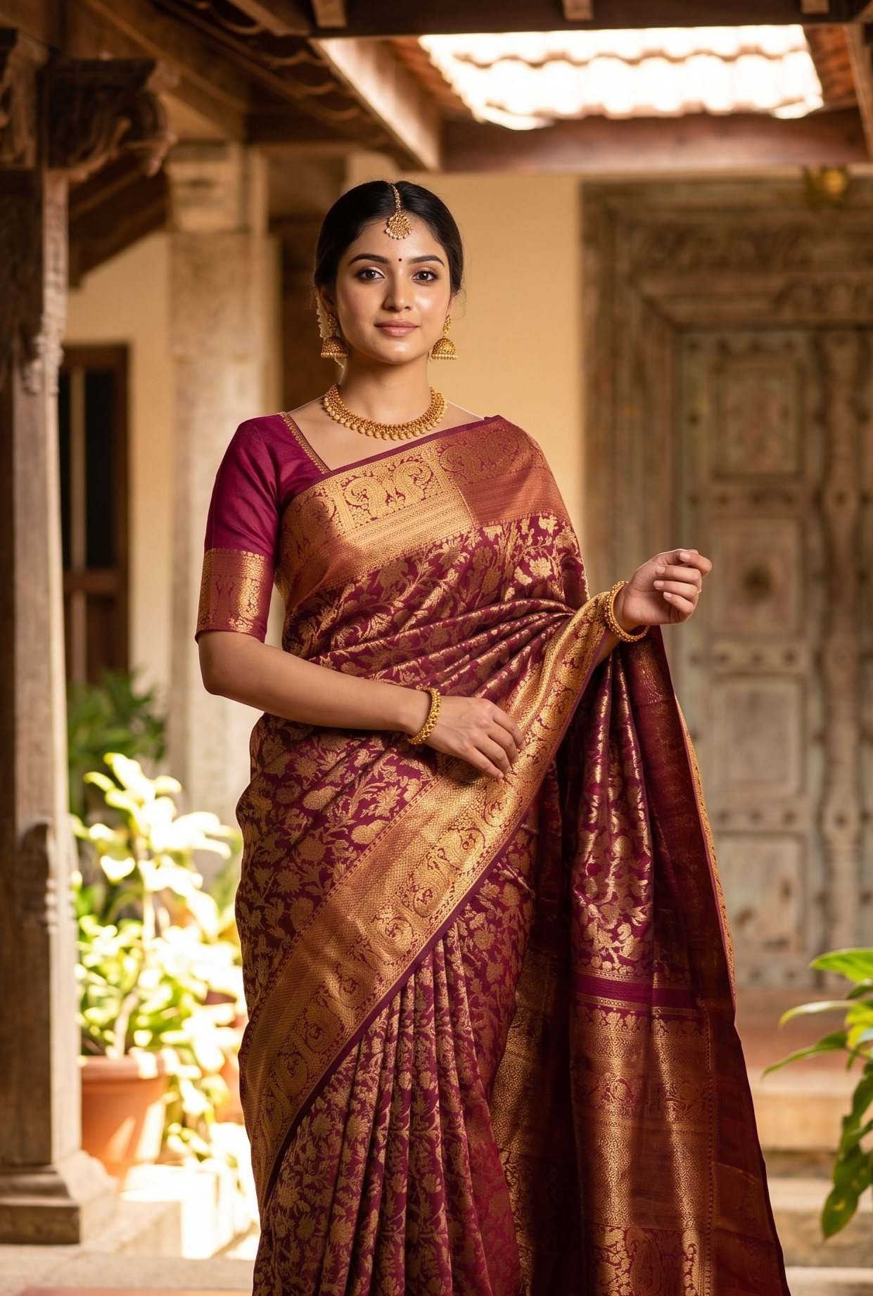 Golden Purple Pure Kanjeevaram Silk Saree, With Unstiched Blouse