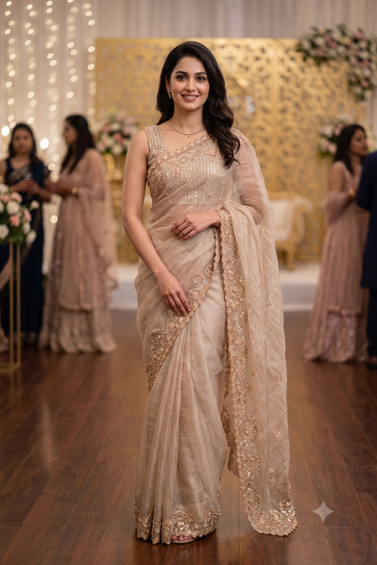 Off-White Soft Tissue Organza Silk Embroidery Saree, With Unstiched Blouse