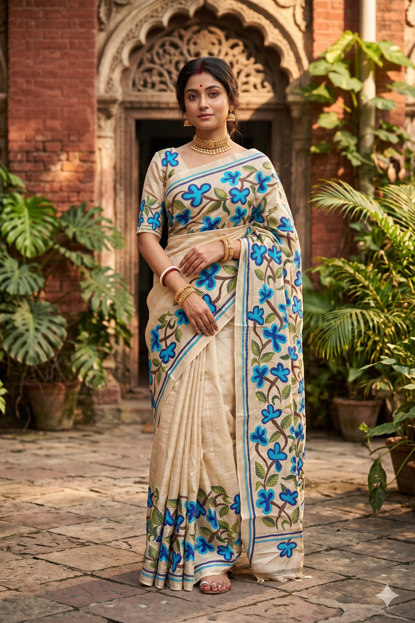 Beige Tussar embroidery saree with kantha work border and unstitched blouse from Saarang Sarees, traditional Indian wear.