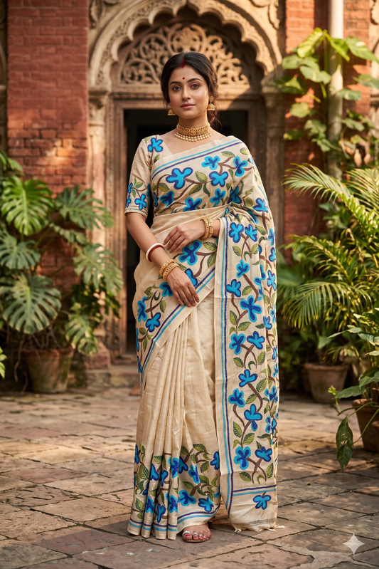 Beige Tussar embroidery saree with kantha work border and unstitched blouse from Saarang Sarees, traditional Indian wear.