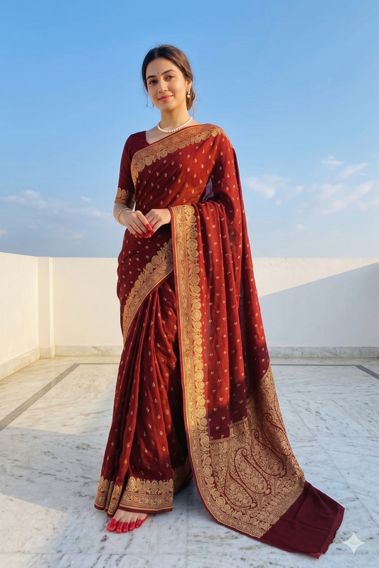 Deep Brown Mysore Crepe Silk Banarasi Saree, With Unstiched Blouse