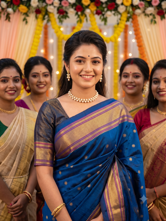 Indigo Blue Gadwal Silk Sarees With Unstiched Blouse