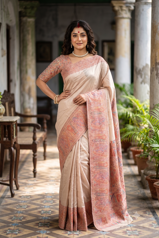 Cream Pure Kani Handloom Silk Saree With Floral Woven Blouse