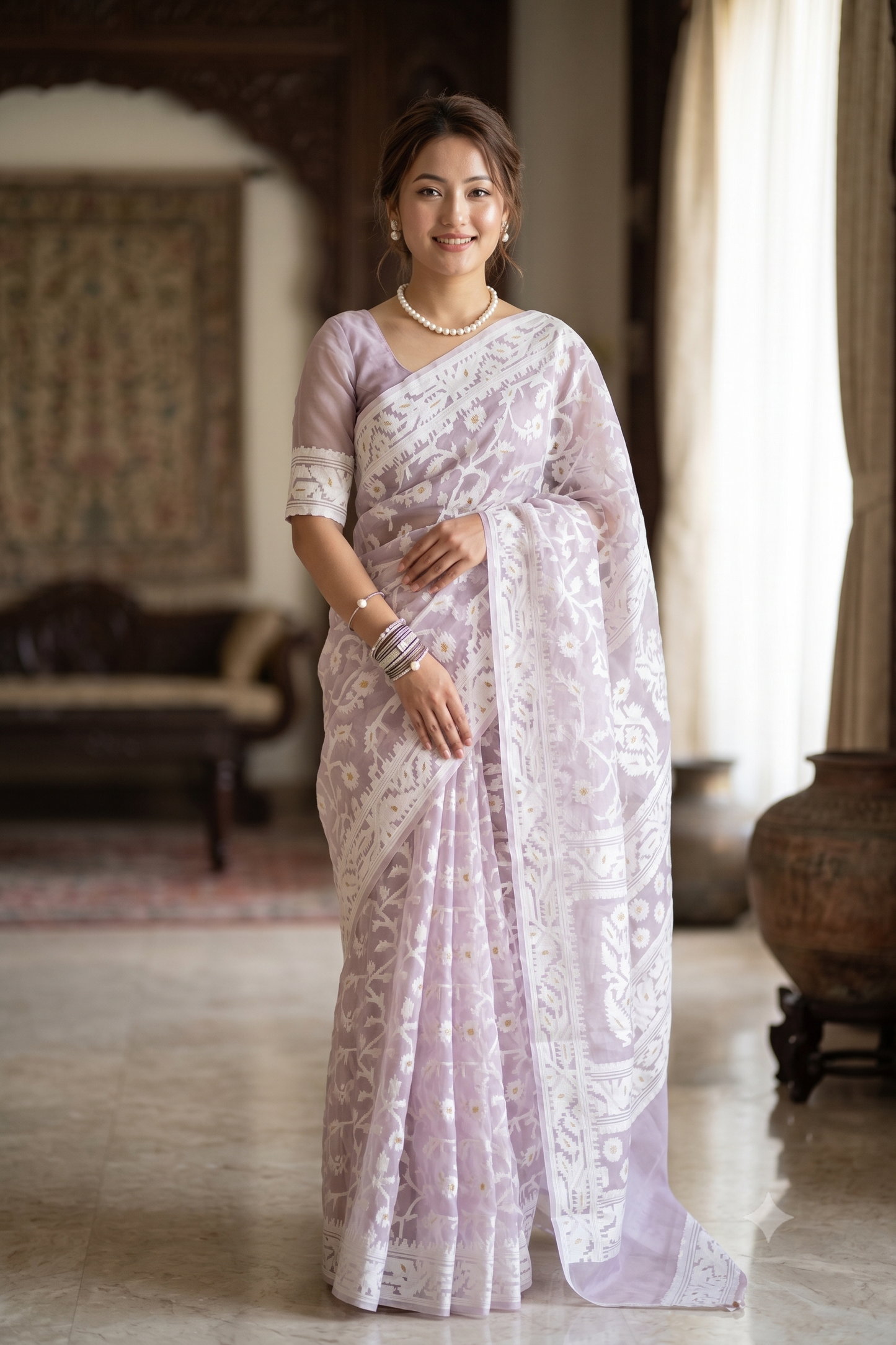 Lavender Muslin Jamdani Saree, With Unstiched Blouse
