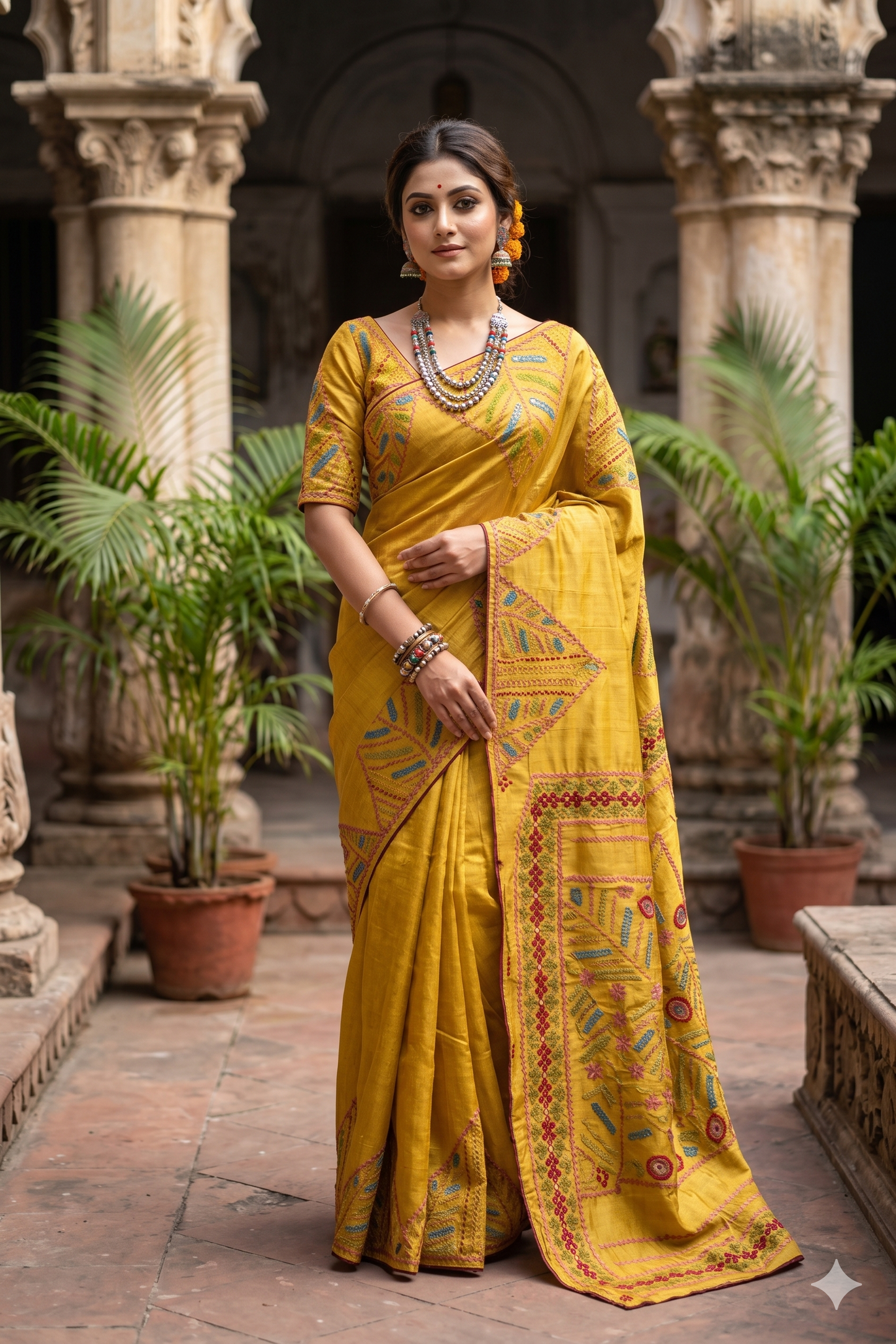 Mustard Yellow Tussar Embroidery Saree With Lambani Work Border, With Unstitched Blouse