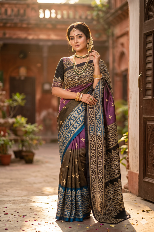 Violet & Grey Tussar Embroidery Saree With Kantha Work Border, With Unstitched Blouse