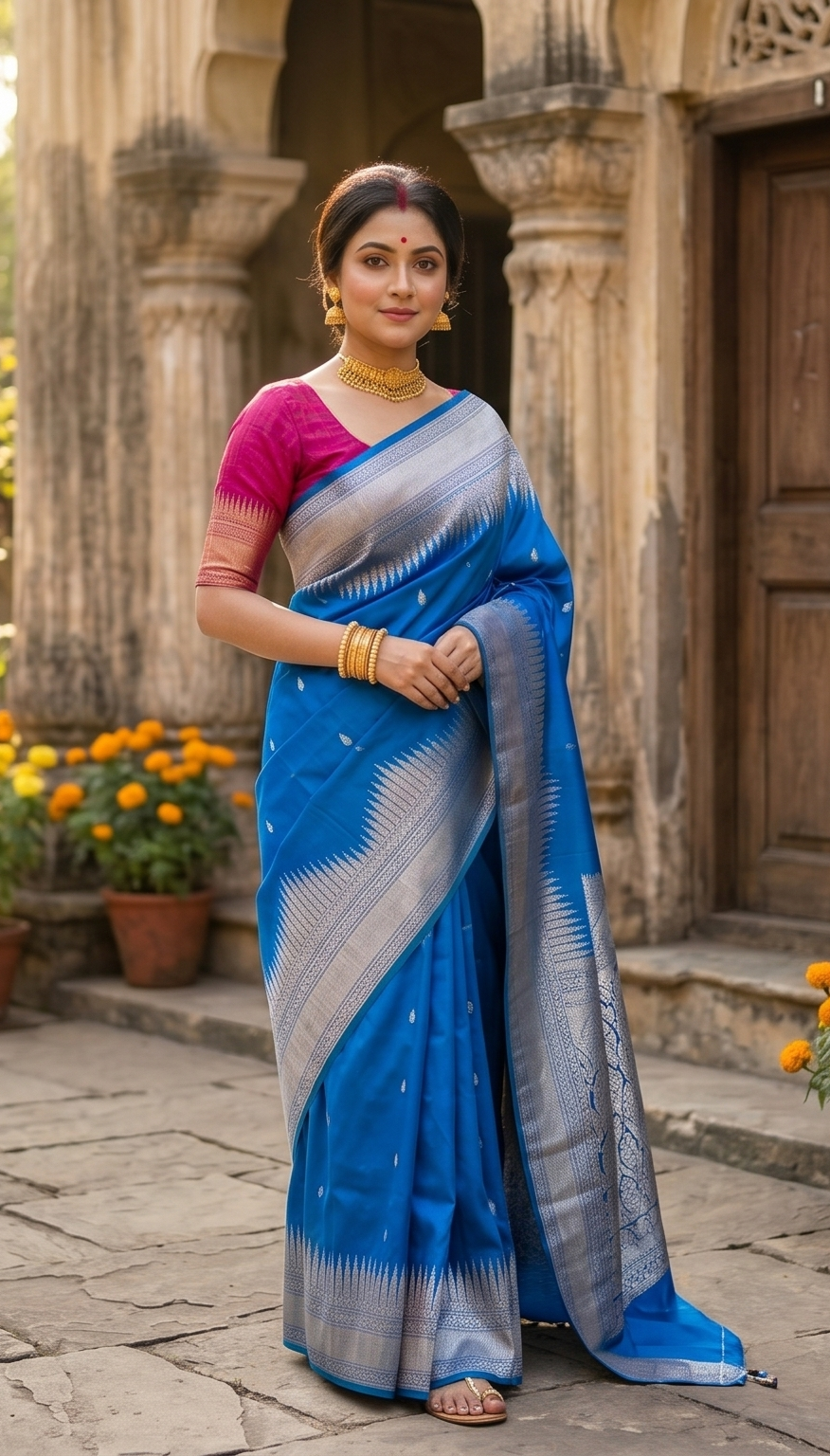 Blue Pure Kanjeevaram Silk Saree, With Unstiched Blouse