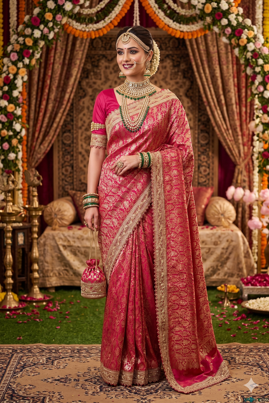Rani Banarasi Silk Saree With Zardosi Embroidery Work, With Unstiched Blouse