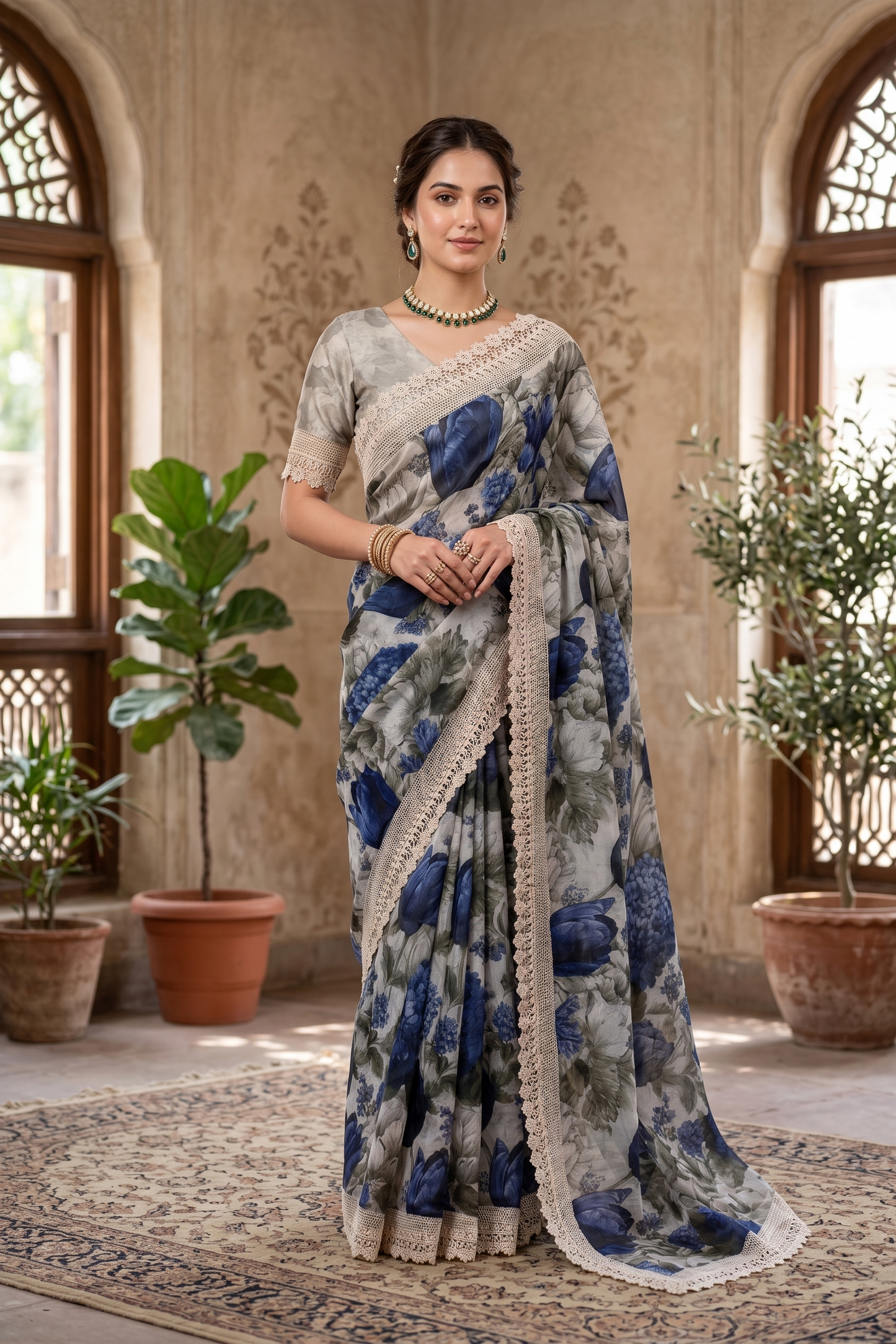 Grey Printed Organza Lace Work Saree, With Unstiched Blouse