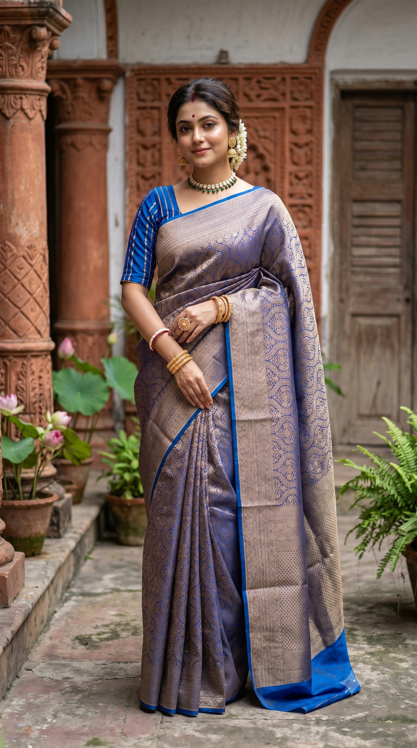 Deep Blue Brocade Kora Banarasi Silk Saree, With Unstiched Blouse