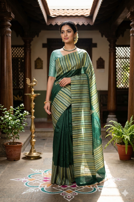 Deep green Tussar silk printed saree with unstiched blouse from Saarang Sarees, traditional wear showcasing intricate design and fabric.